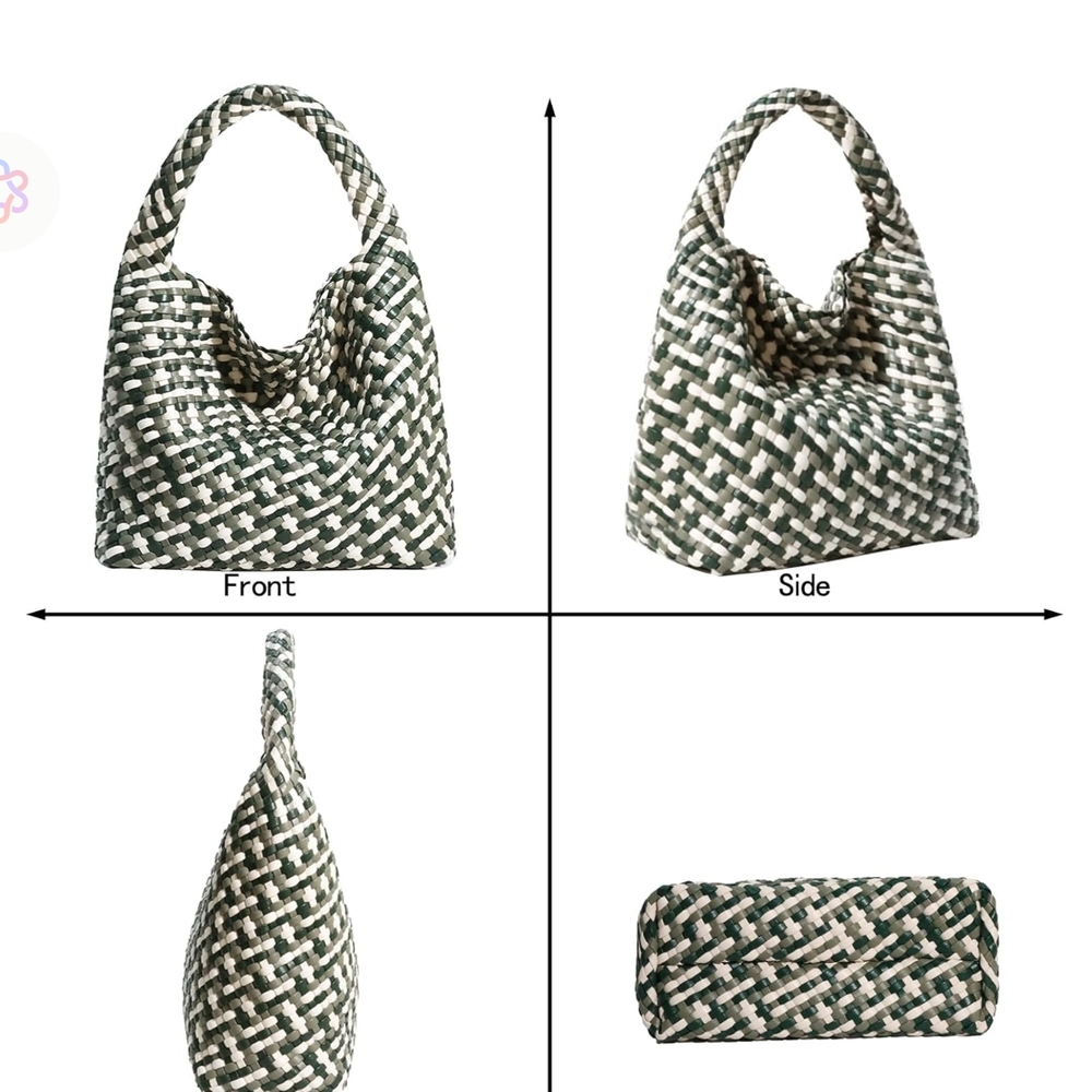 Stylish Vegan Leather Hand Woven Tote Bag Green Cream Handbag Shoulder Purse - Picture 15 of 15
